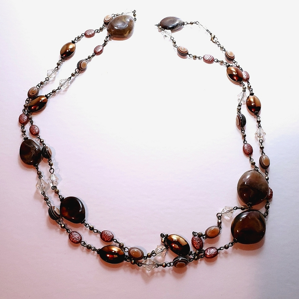 Long Bead & Chain Necklace in Brown Tones